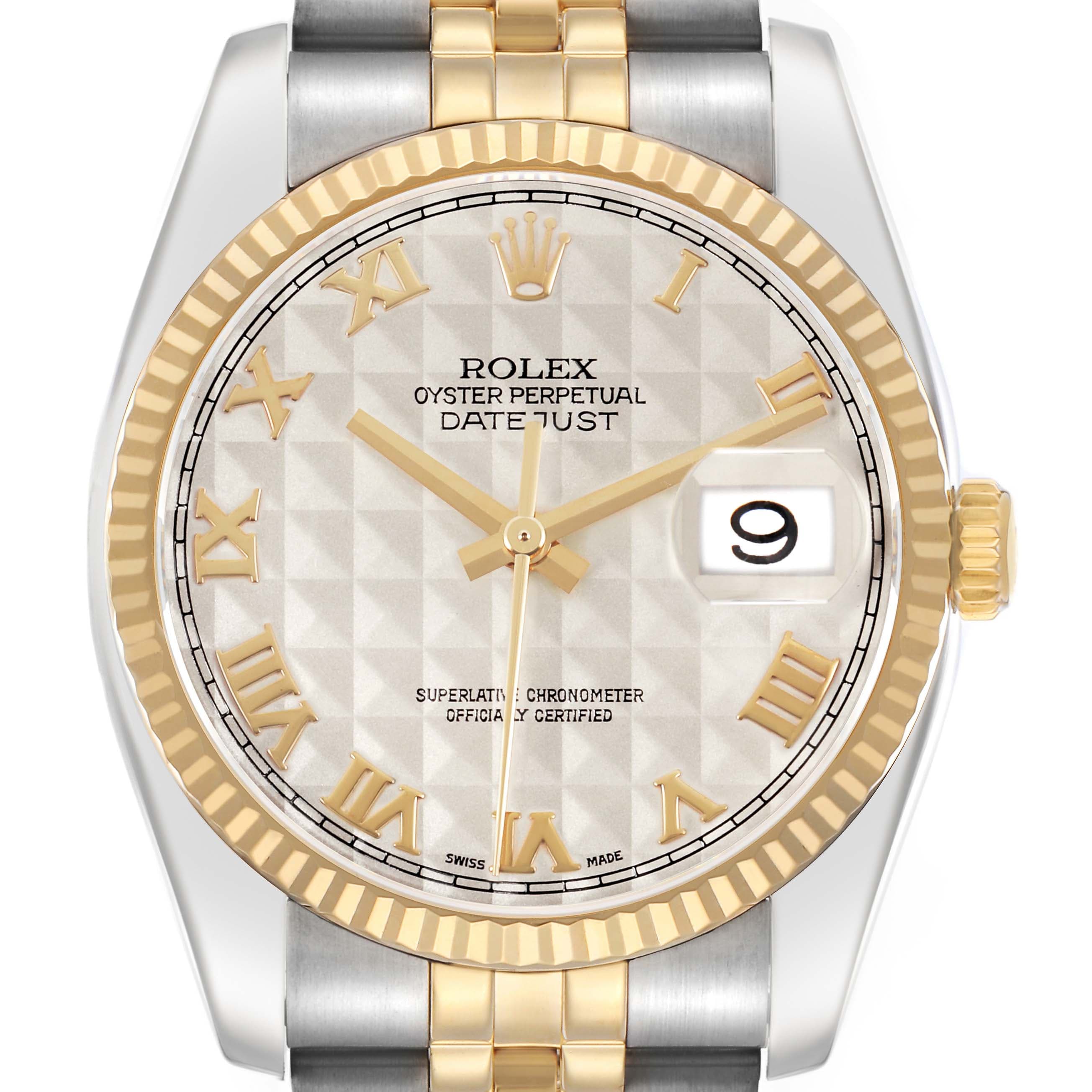Rolex Datejust Steel Yellow Gold Ivory Pyramid Dial Papers 116233